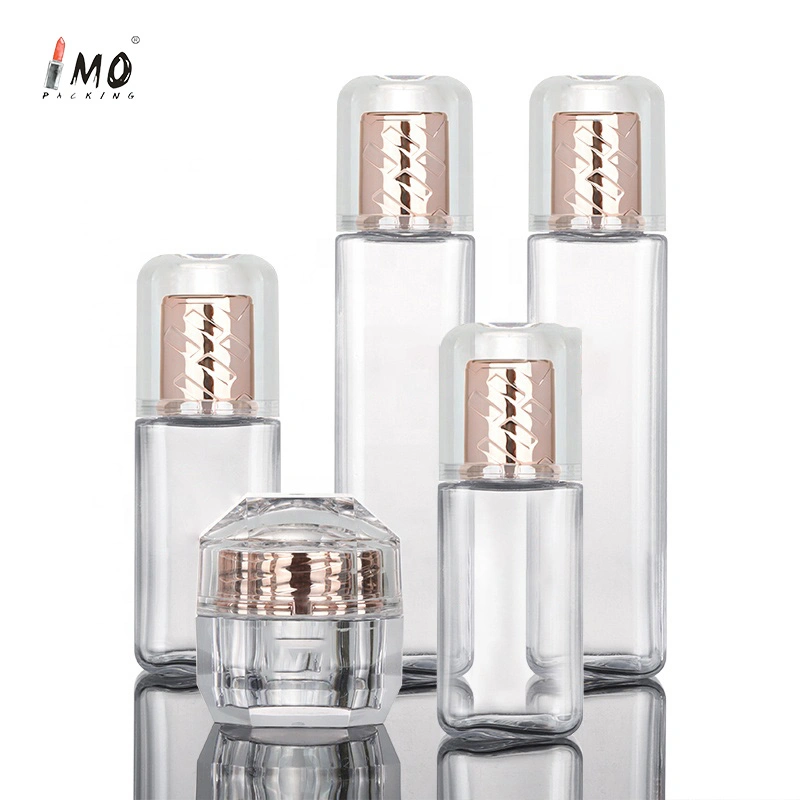 Luxury High End New Design Acrylic Small Mini Cosmetic Packaging Travelling Perfume Custom Rose Gold Transparent Cream Jar Set Essential Oil Bottle Serum